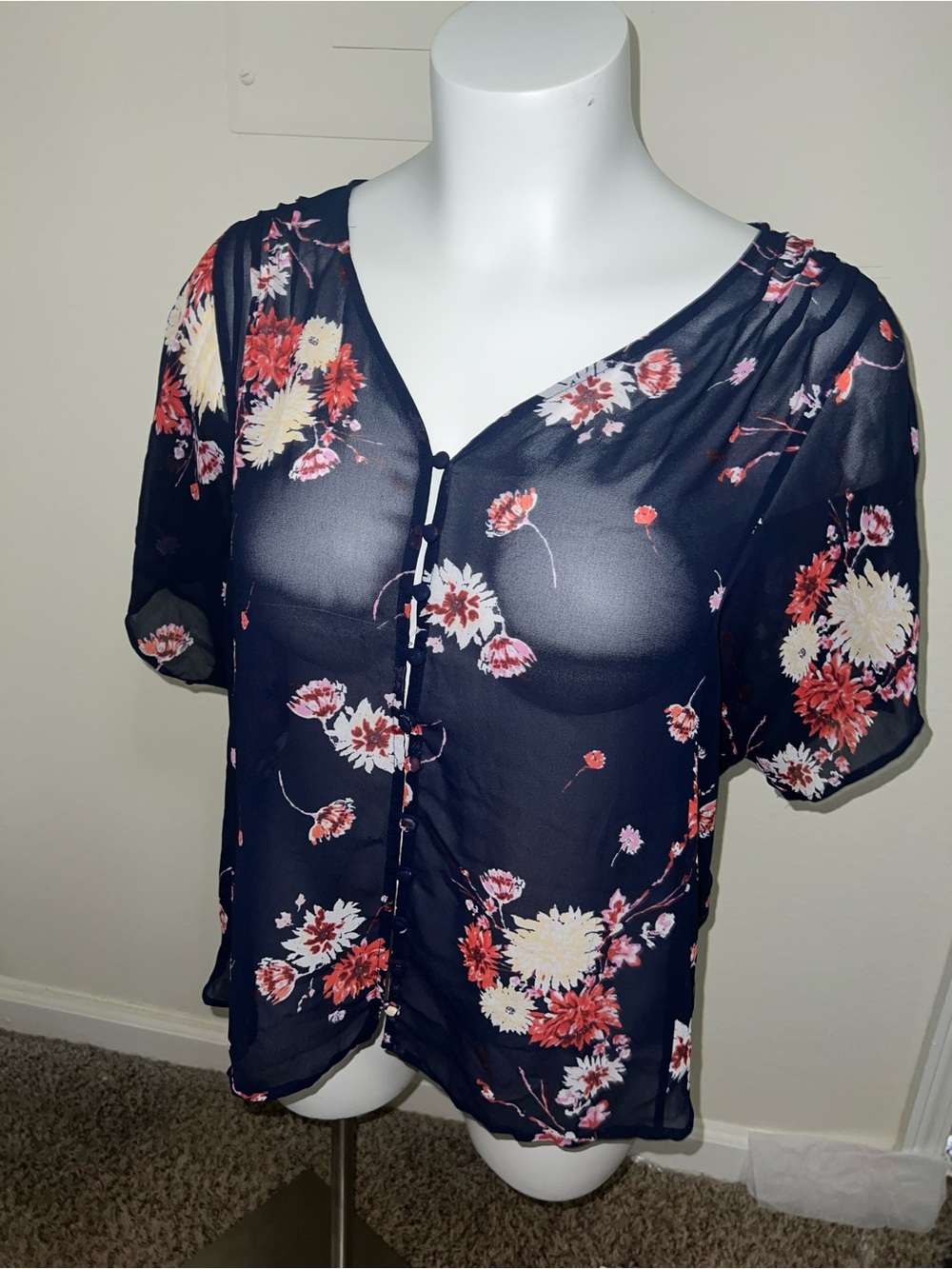 Torrid Sheer Navy Floral Short-Sleeve Button Blouse